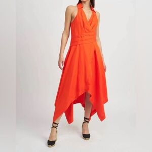 En Saison Vibrant Orange High Low halter linen Dress large